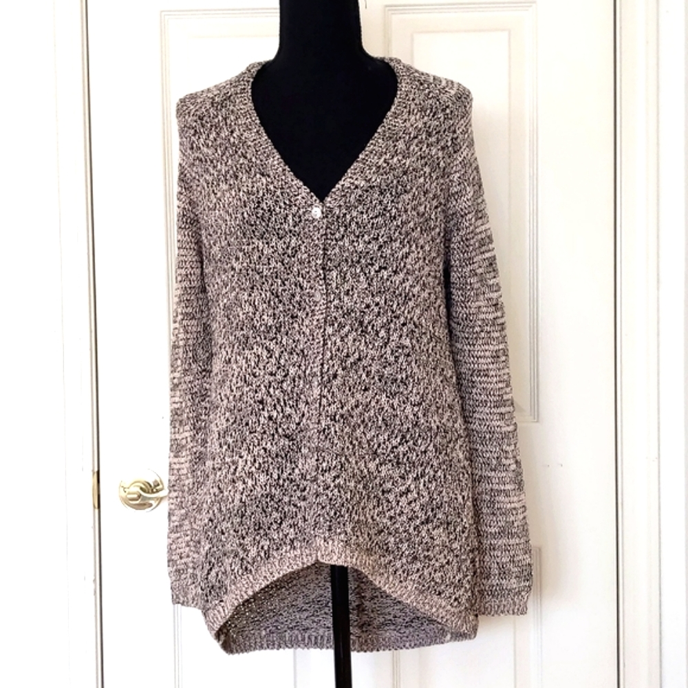 Cotton Blended Multicolor Yarn Knit Pattern High Low V-Neck Cardigan Sweater.